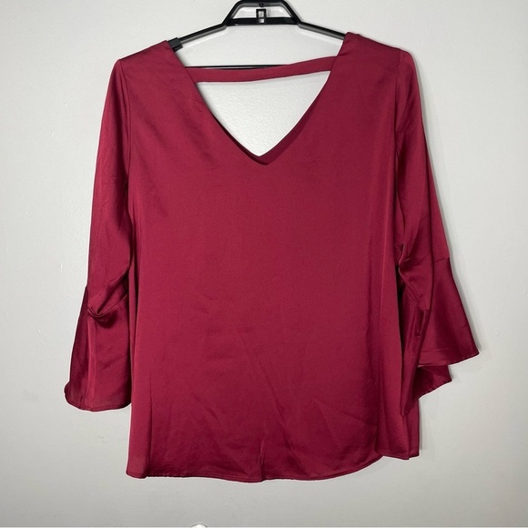Roz & Ali Burgundy Bell Sleeve Blouse Top - Picture 5 of 7